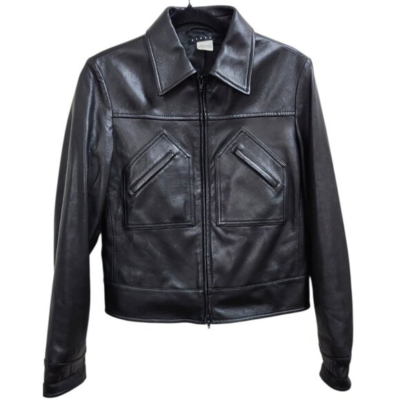 SISLEY Women’s Black Leather Moto Jacket Zip Front Diagonal Pockets Classic 44 - Picture 2 of 12